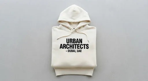Cream fleece hoodie with a printed Urban Architects Dubai logo