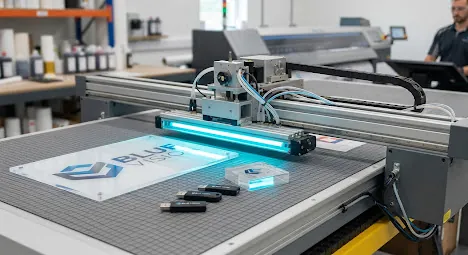 UV flatbed printer curing a Blue Vision logo on an acrylic sign