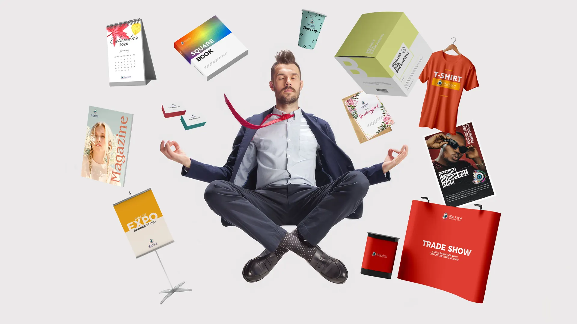 Blue Vision printed merchandise: banners, brochures, shirts, gift boxes and trade show bags