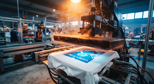 DTF heat press applying a Blue Vision transfer to a T-shirt