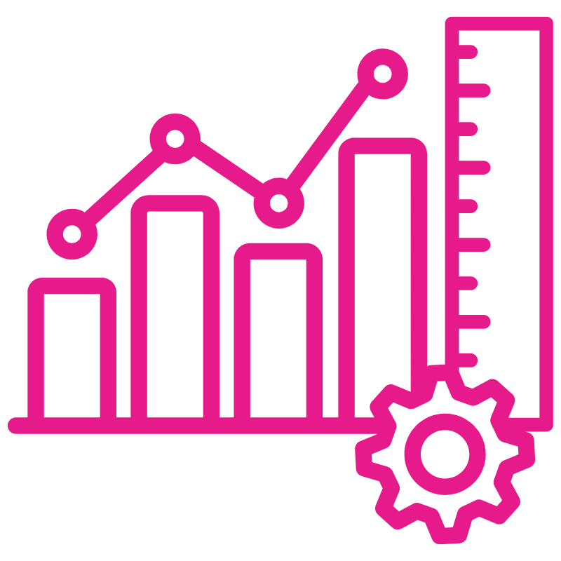 a pink line drawing of a graph and gear