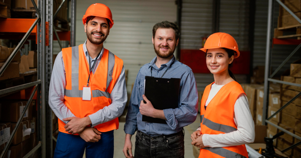 Group of workers in specialized workwear uniforms suited for UAE industrial settings.