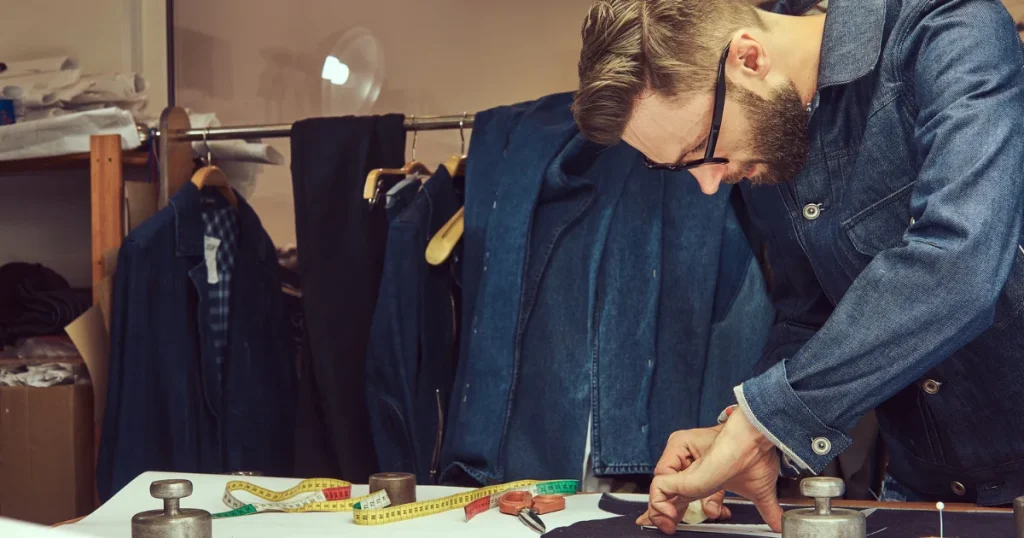 A skilled tailor in a denim jacket carefully stitching fabric on a table with precision, surrounded by denim clothing and tailoring tools. The setup highlights professional uniform stitching work.