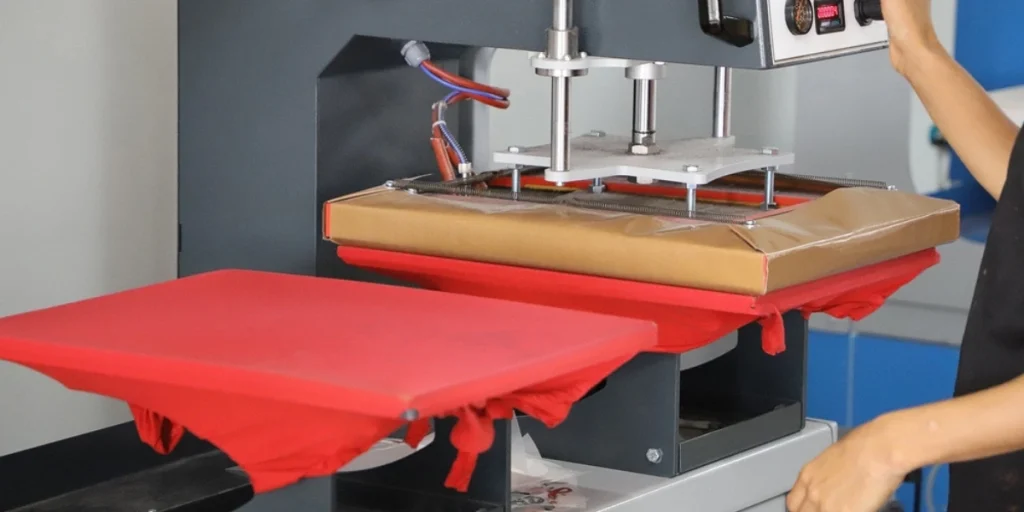 Heat press machine applying design onto red T-shirt during DTF printing in the UAE.