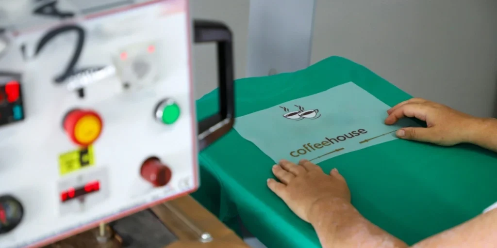 Hands placing a coffeehouse logo on fabric using heat press for DTF printing in the UAE.