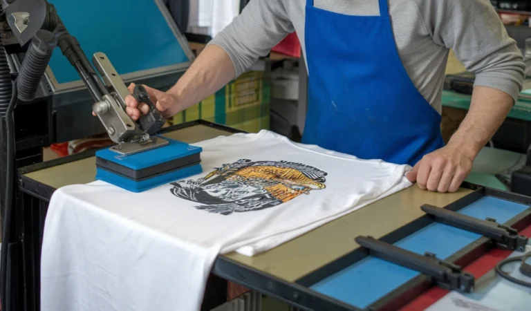 DTF t-shirt printing Dubai service showing professional equipment printing custom designs on white shirts in workshop setting