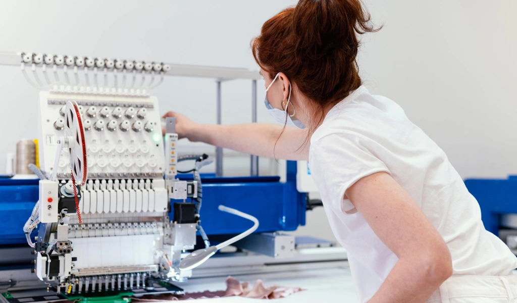 Professional multi-head embroidery machines creating custom designs on blue fabric at Embroidery services in UAE facility.