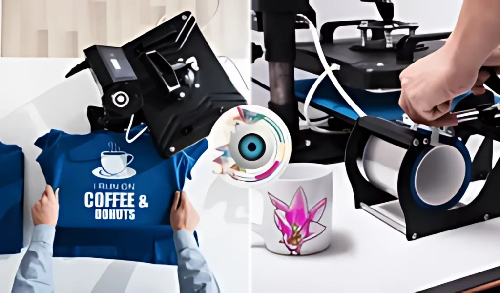 Professional UV printing services equipment creating custom designs on coffee mugs and promotional items with vibrant colors.