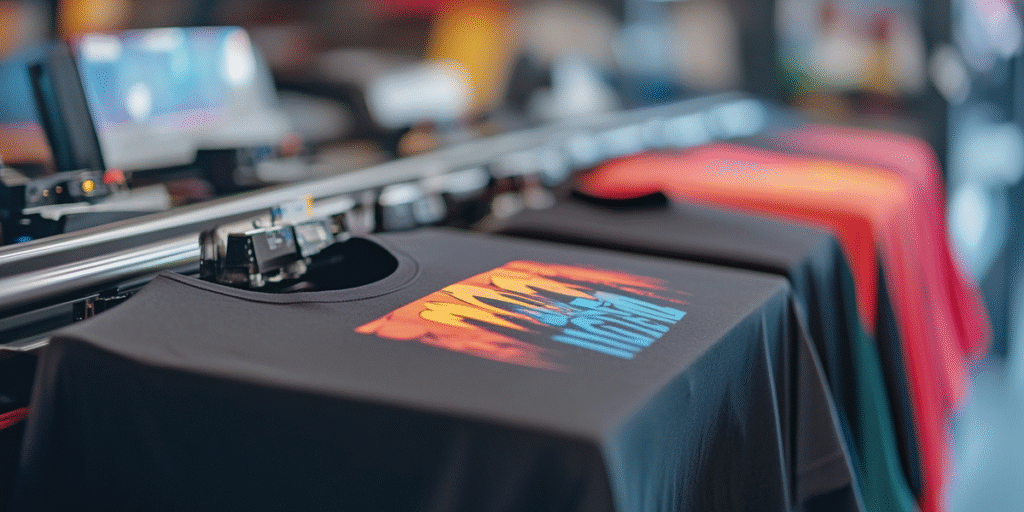 Black t-shirt printed with vibrant graphic design using digital printer – Printing Services in the UAE.
