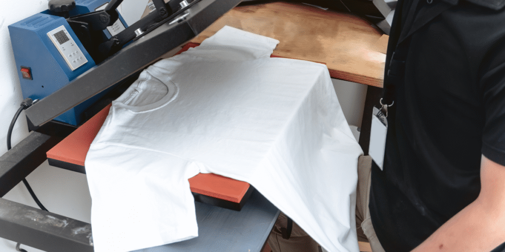 White t-shirt placed on a heat press machine for custom design printing – Printing Services in the UAE.