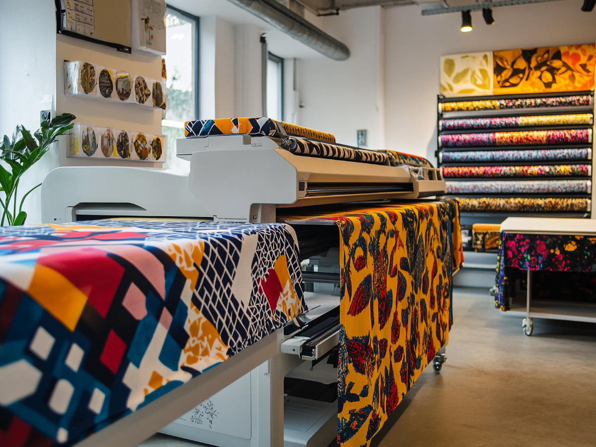 Colorful fabric rolls printed with unique patterns in a modern textile shop – Printing Services in the UAE.