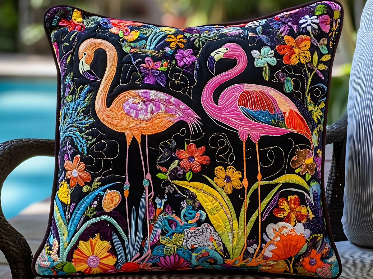 Colorful flamingo design cushion showcasing vibrant art through Sublimation Pillow Printing.