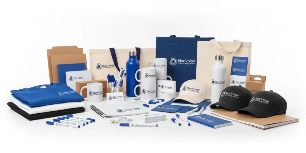 Promotional items including mugs, caps, pens, and tote bags with company logo by Customized Printing Dubai.