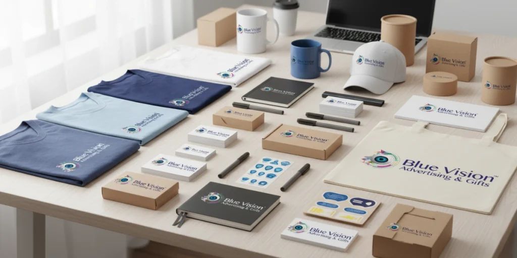 Branded T-shirts, mugs, notebooks, and tote bags displayed for Blue Vision by Customized Printing Dubai.