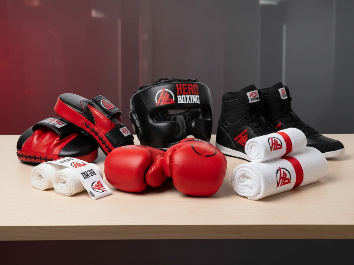 Boxing gloves, shoes, headgear, and wraps branded for Hero Boxing by Customized Printing Dubai.
