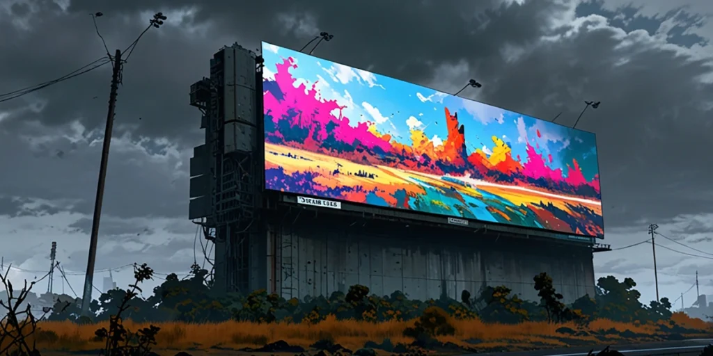 Bright landscape artwork on highway sign made with Custom Billboard Printing.