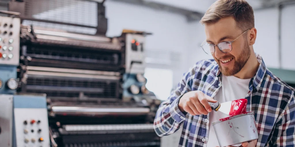 Worker preparing red ink in a print shop, showing production process for poster printing for businesses UAE.