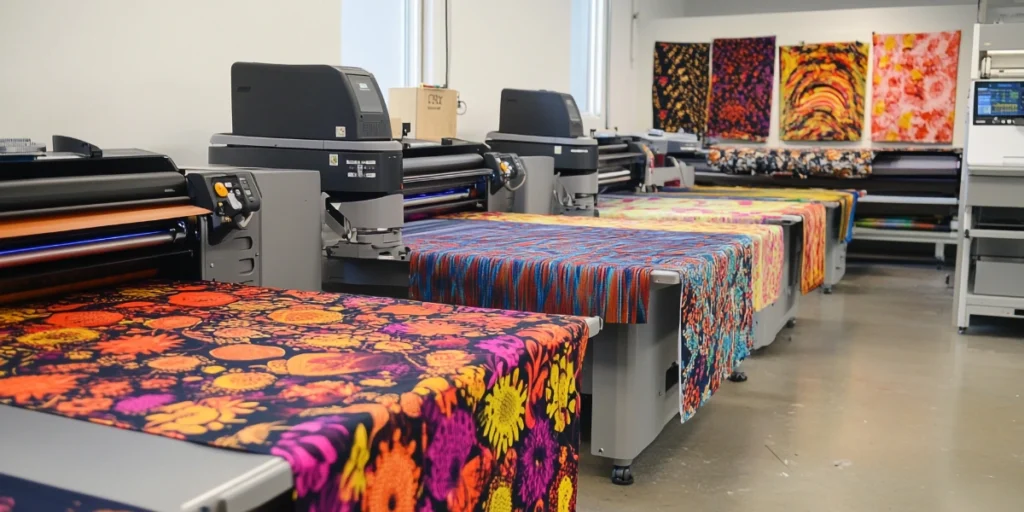 Large-format printers producing colorful fabric designs used for  business posters UAE