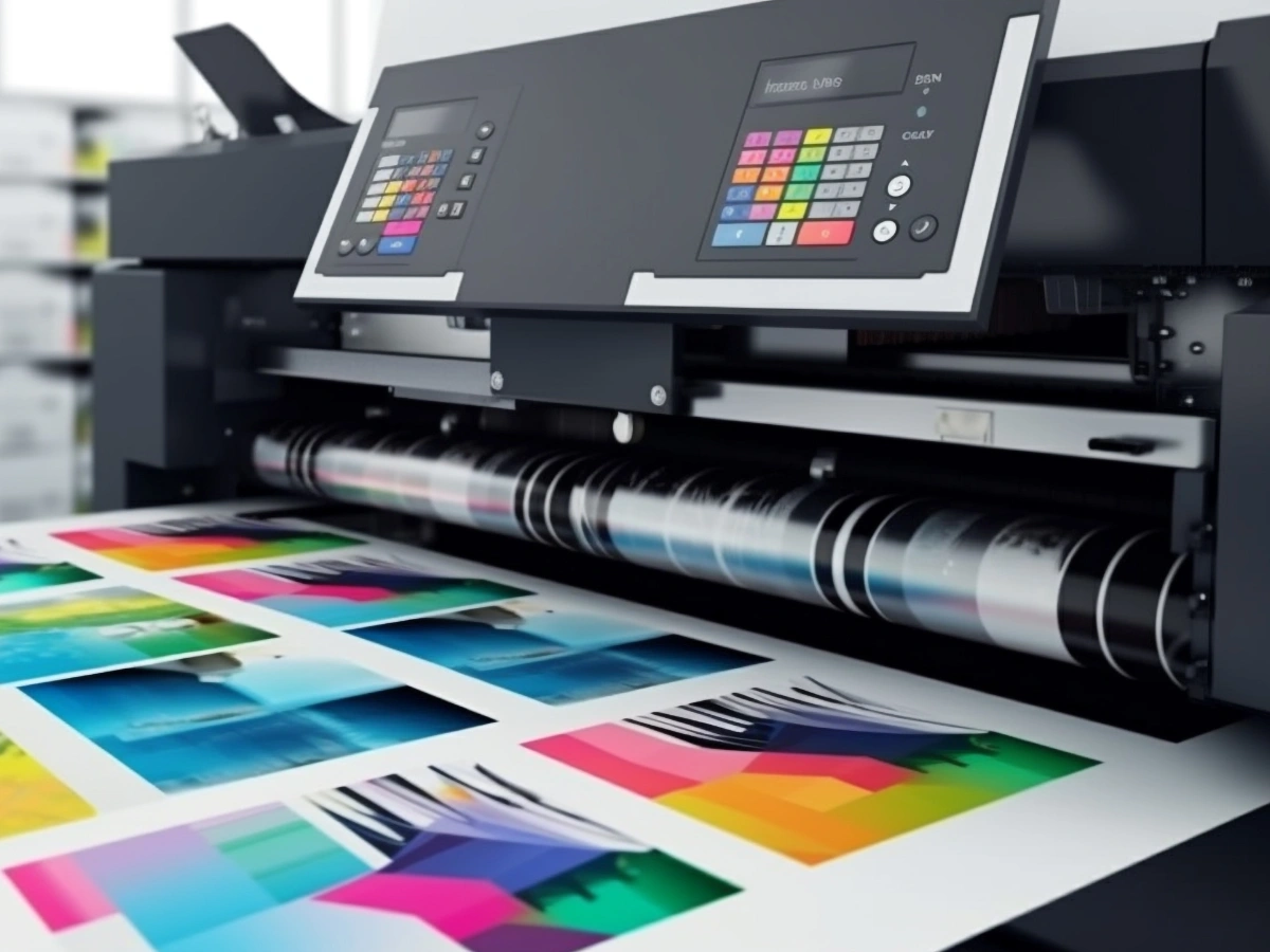 High-quality digital printer outputting vibrant graphics for professional poster printing for businesses UAE.