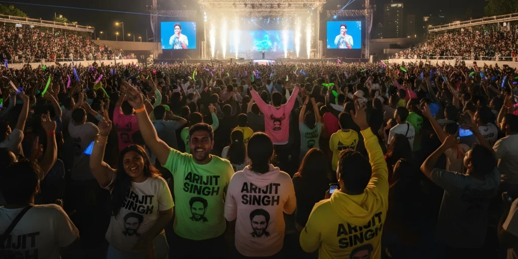 Huge audience enjoying a live Arijit Singh concert with cheering fans, bright lights, and an energetic stage performance.