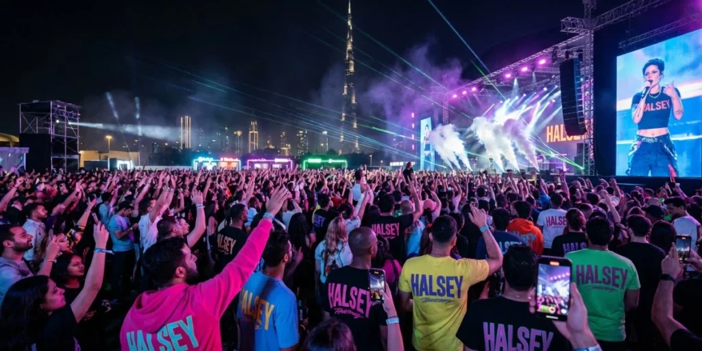 Crowd gathered at a colorful Halsey concert with lasers, stage lights, and fans wearing Halsey shirts at night.