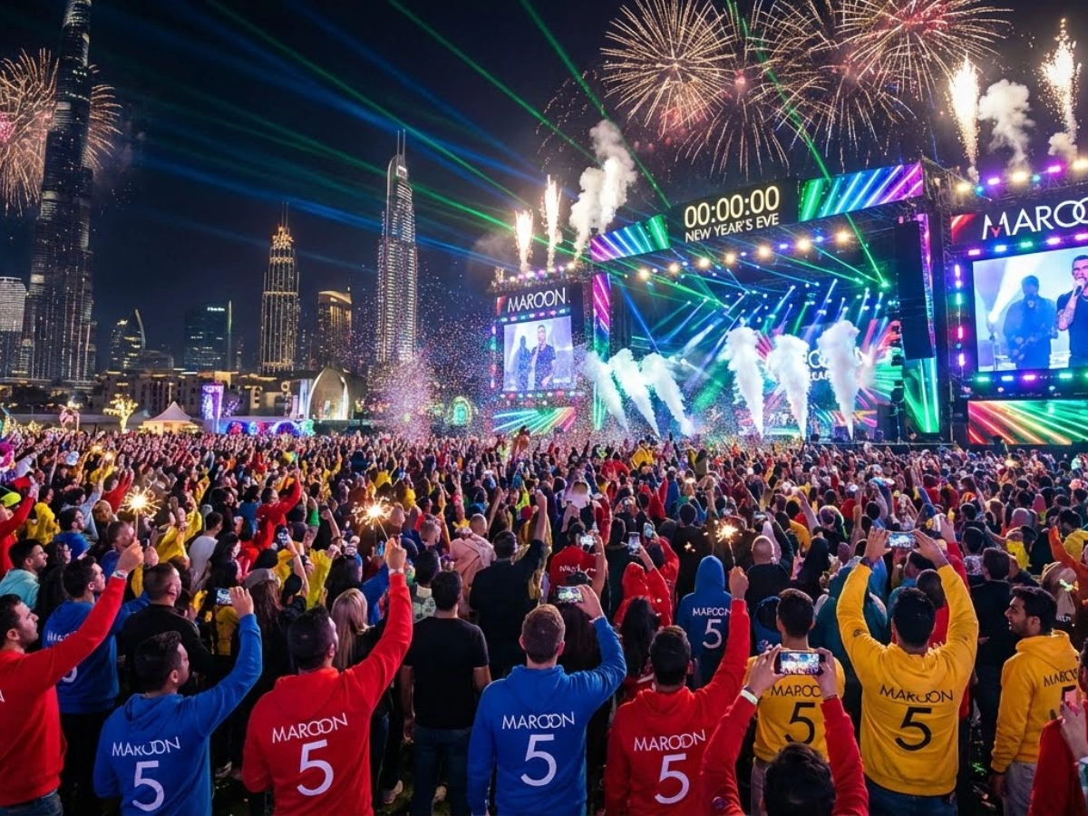 Crowd at a vibrant Maroon 5 concert with fireworks and fans in printed shirts, showcasing t shirt printing Dubai.