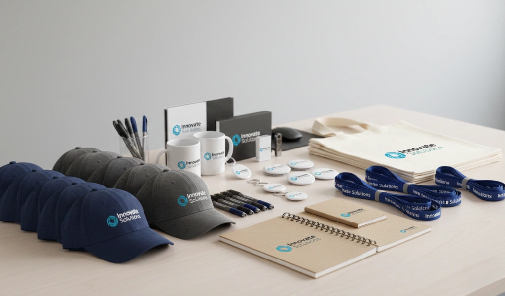Promotional merchandise UAE featuring custom branded mugs, pens, bags, and corporate gift items arranged in a clean studio setup.