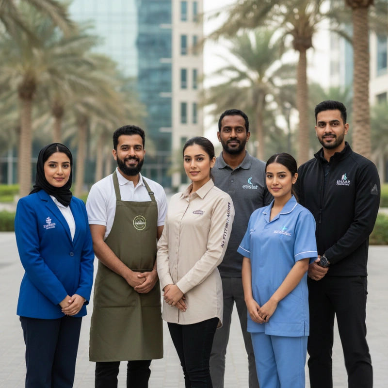 Uniform manufacturing company UAE displaying corporate, industrial, and hospitality uniforms arranged in a professional studio layout.