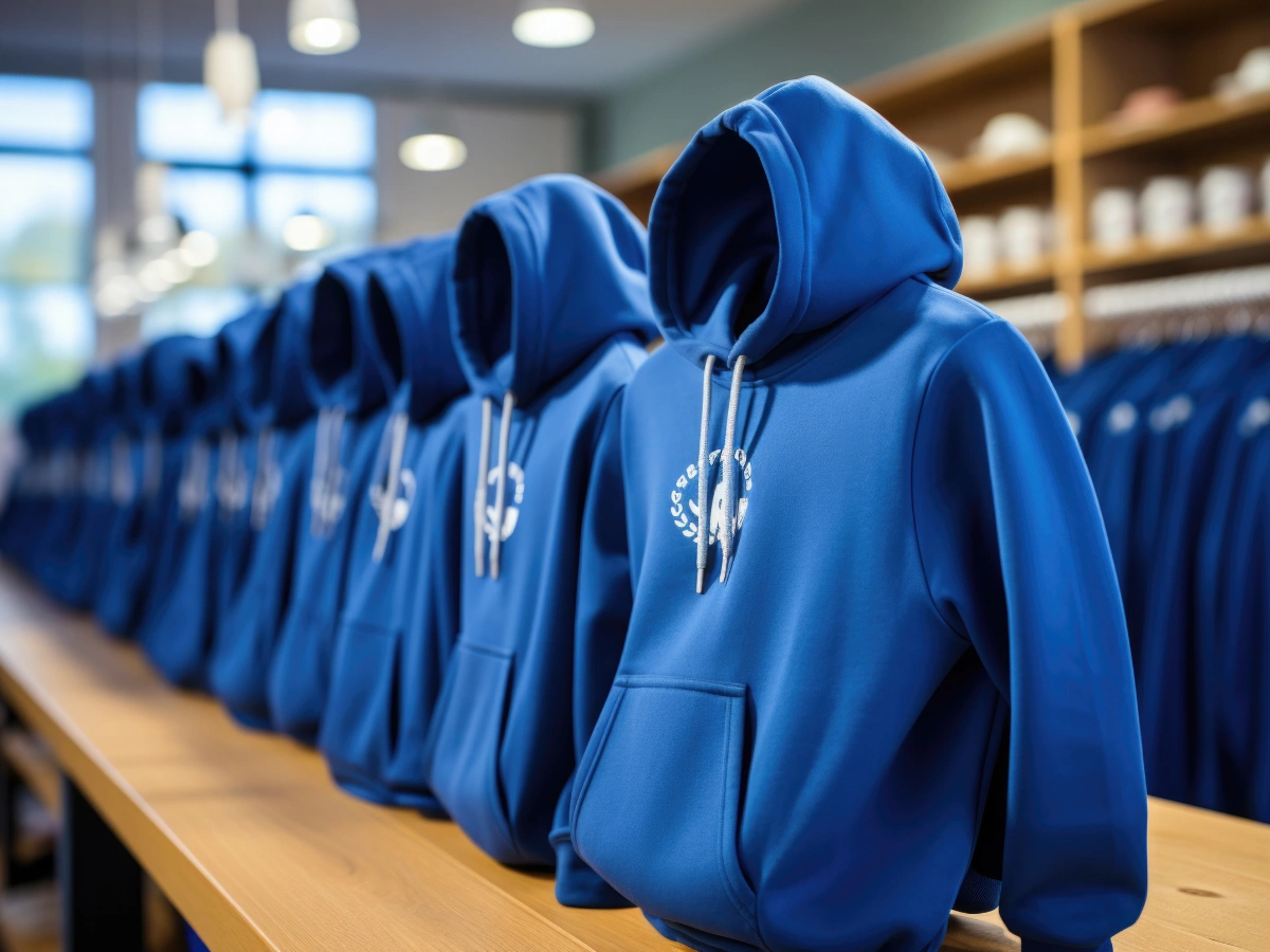 Blue hoodies displayed in a showroom, showcasing same day hoodie printing Abu Dhabi for bulk and custom orders.