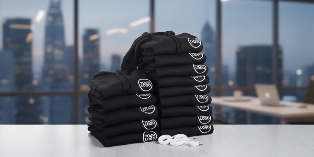 Stacked black hoodies with custom logos, ideal for same day hoodie printing Abu Dhabi for corporate branding.