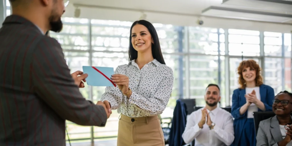 Team celebrating employee recognition with a certificate, showcasing Sustainable Corporate Gifts Dubai.
