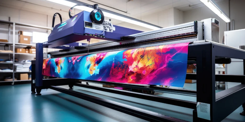 Large format printer producing vibrant banner, showcasing UV Printing vs DTF Dubai technology comparison