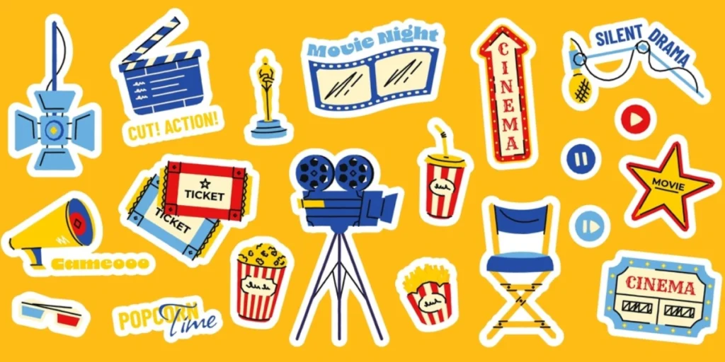 UV DTF Stickers UAE colorful cinema themed stickers including movie icons, popcorn, and film graphics for decoration
