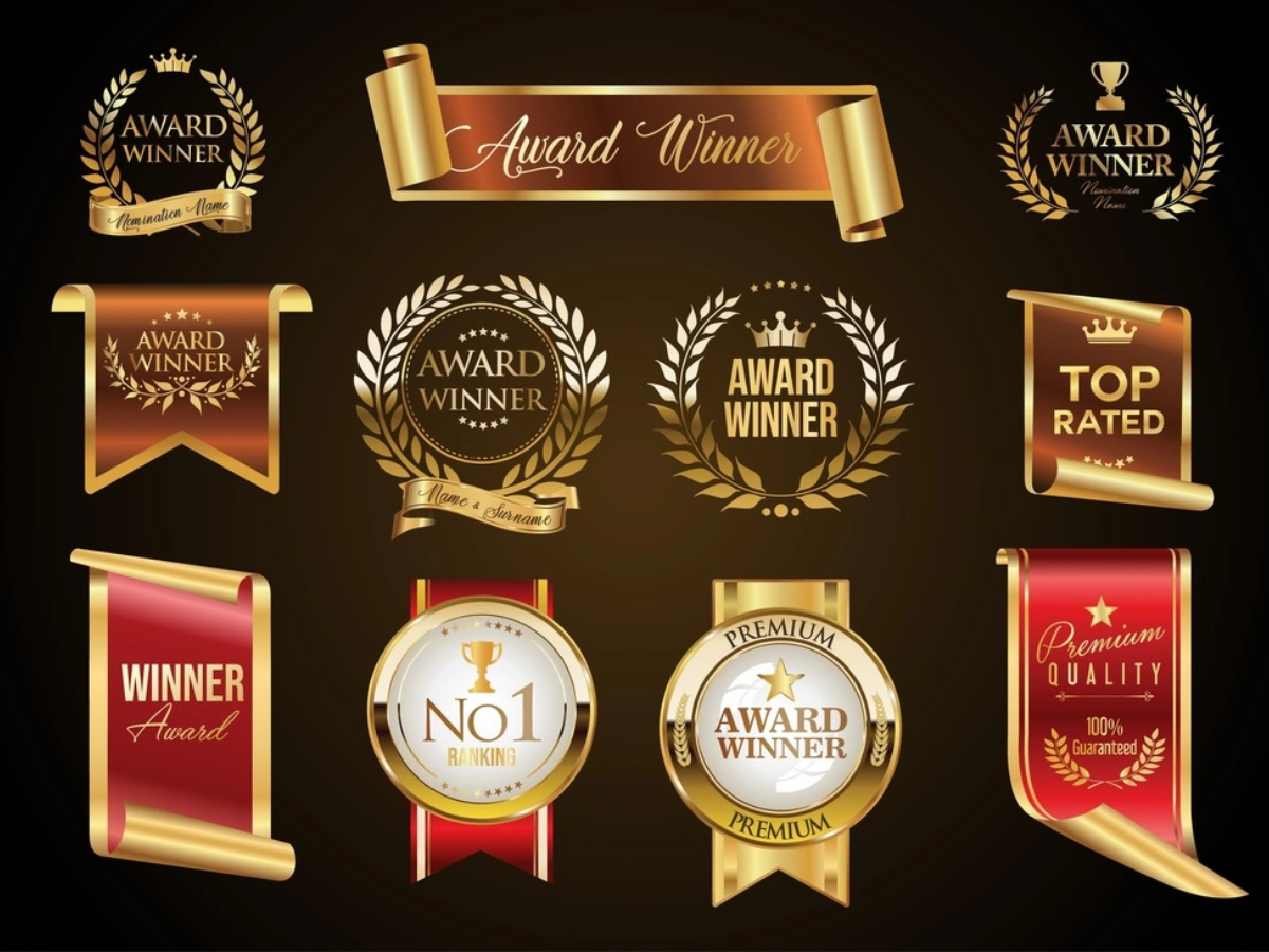 UV DTF Stickers UAE premium award badges and gold labels for branding, quality seals, and product packaging design