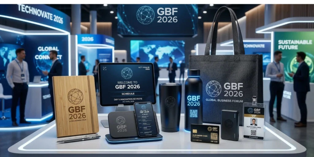 Eco-friendly event merchandise UAE featuring sustainable tote bag, bamboo notebook, reusable bottle, and branded tech gifts at a business forum event.
