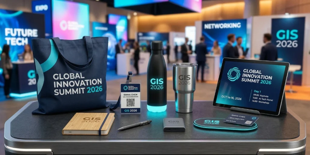 Eco-friendly event merchandise UAE including reusable tote bag, bottle, notebook, and tech accessories displayed at a global innovation summit booth.