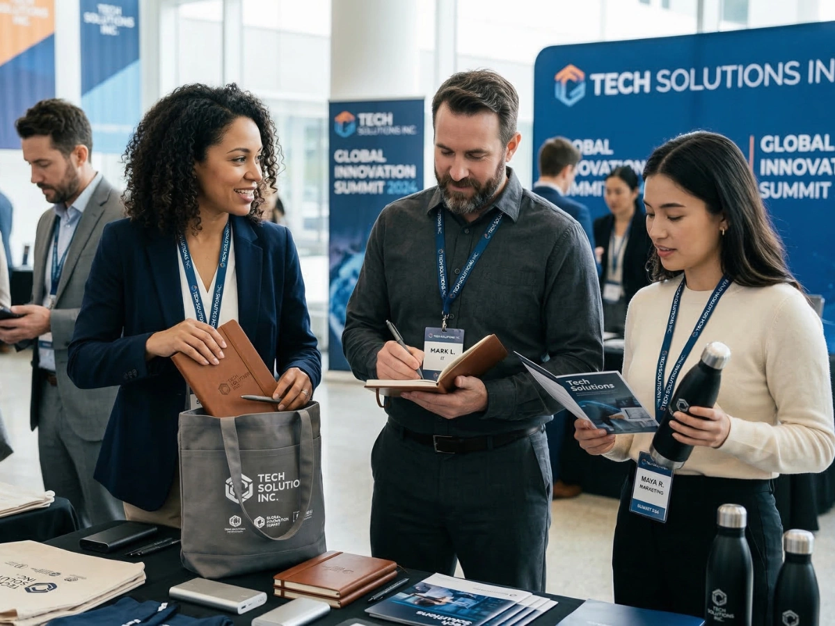 Professionals exploring eco-friendly event merchandise UAE such as reusable bottles, notebooks, and tote bags at a corporate technology expo booth.